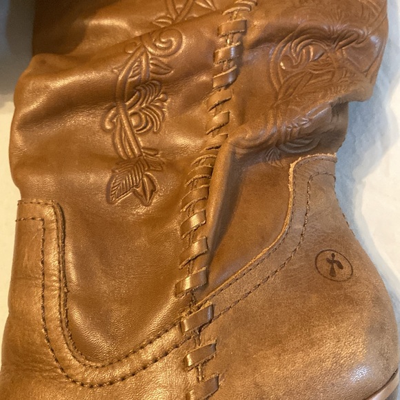 Vintage Bronx Y2K Knee High Boots Stack Heel Tan Tooled Leather Western Cowboy - Picture 3 of 10